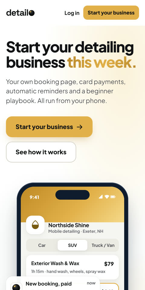 The Detailo app on a phone: a detailer's booking page with prices by vehicle size and a paid booking notice.